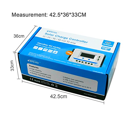 EPever Solar Charge Controller 30A 12V 24V 36V 48V Auto Work Max PV 96V Solar Panel PWM Charge Controller Regulator with LCD Display 2PCs USB Output for Off-Grid Solar System (30A , VS3048AU)