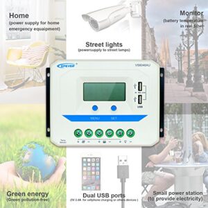 EPEVER Solar Charge Controller 60A 12V/24V/36V/48V Auto with USB Output Light and Time Control LCD Display for Solar Panel Power System (60A, VS6048AU)