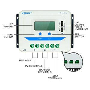 EPEVER Solar Charge Controller 60A 12V/24V/36V/48V Auto with USB Output Light and Time Control LCD Display for Solar Panel Power System (60A, VS6048AU)