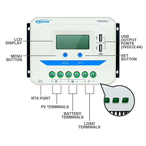 EPEVER Solar Charge Controller 60A 12V/24V/36V/48V Auto with USB Output Light and Time Control LCD Display for Solar Panel Power System (60A, VS6048AU)