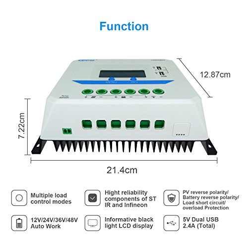 EPEVER Solar Charge Controller 60A 12V/24V/36V/48V Auto with USB Output Light and Time Control LCD Display for Solar Panel Power System (60A, VS6048AU)