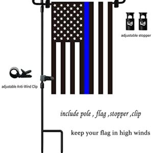 Akeydeco Garden Flag Stand & American Flag, Thin Blue Line Garden Flag with Anti-Wind Clip,Stopper,Weatherproof 2 Sided 12.5 x 18 Inch Patriotic US Flag Banner Keep Your Flags from Flying Away in High Winds