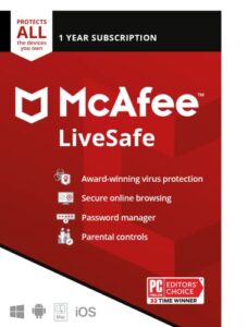 mcafee live safe | unlimited devices | antivirus internet and identity security software | 1 year subscription | key card