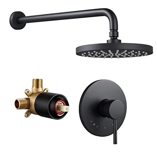 KES Shower Faucets Sets Complete Rain Shower Head Shower Valve and Trim Kit Wall Mount Pressure Balance Black Shower System, XB6202-BK