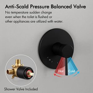 KES Shower Faucets Sets Complete Rain Shower Head Shower Valve and Trim Kit Wall Mount Pressure Balance Black Shower System, XB6202-BK