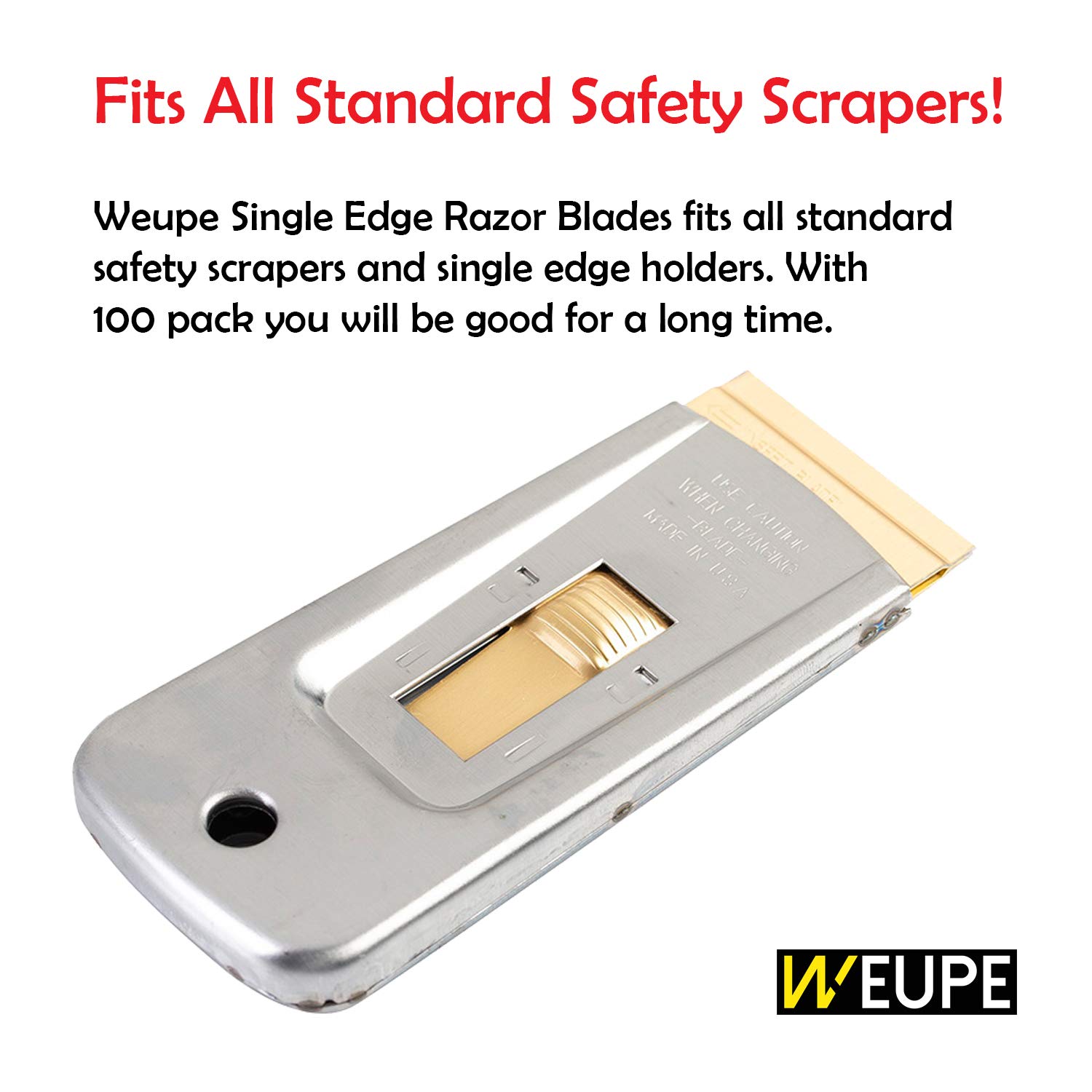 WEUPE Razor Blades Utility: Single Edge Razor Blades 100 Pack, Razor Blade Scraper Refills, Steel Box Cutter Blades USA-Made, Safety Straight Edge Razor Blades, Paint Scraper Razor Blades