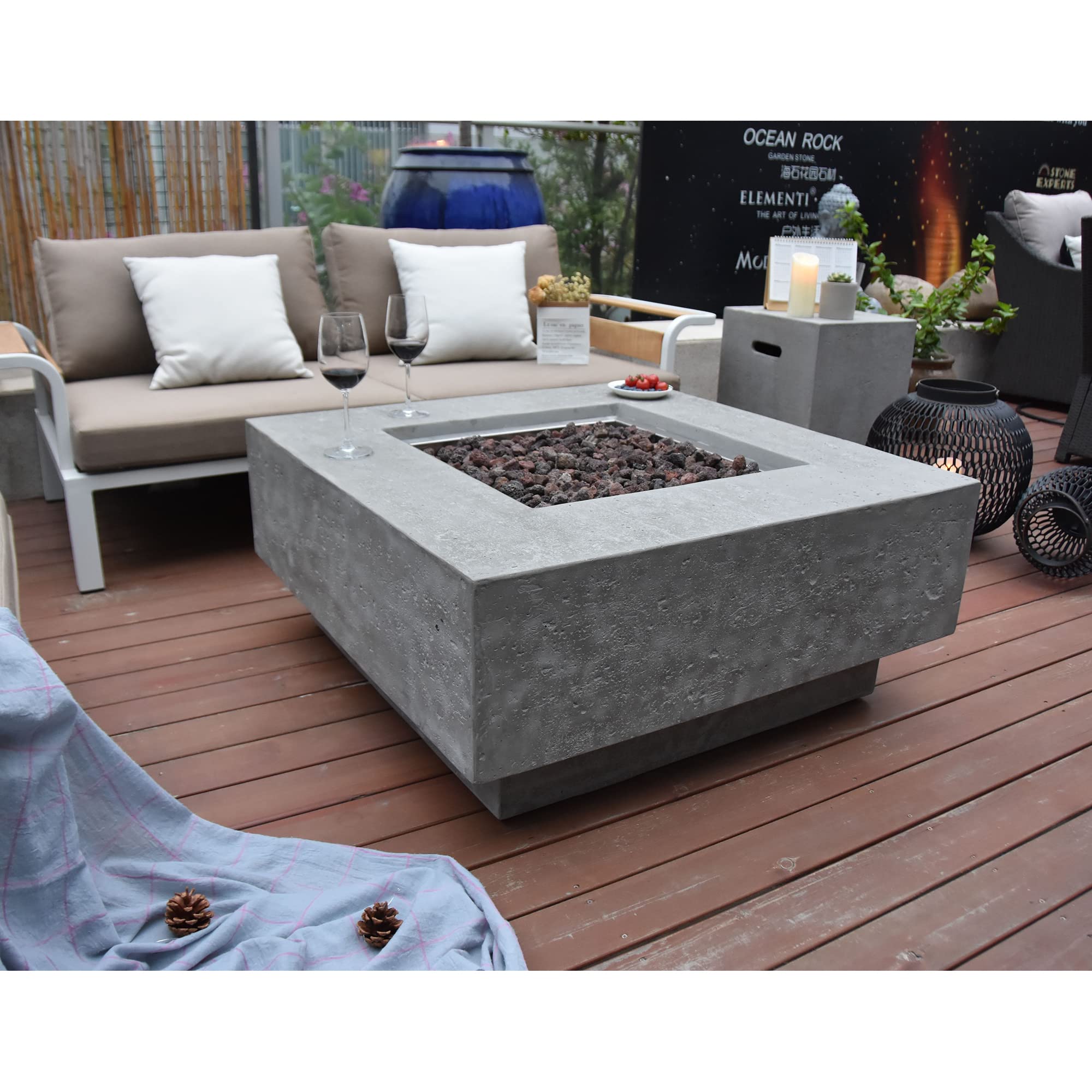 Elementi Manhattan Outdoor Gas Firepit Table 36 Inches Natural Gas Fire Pit Patio Heater Concrete High Floor Clearance Firepits Outside Electronic Ignition Backyard Fireplace Cover Lava Rock Included