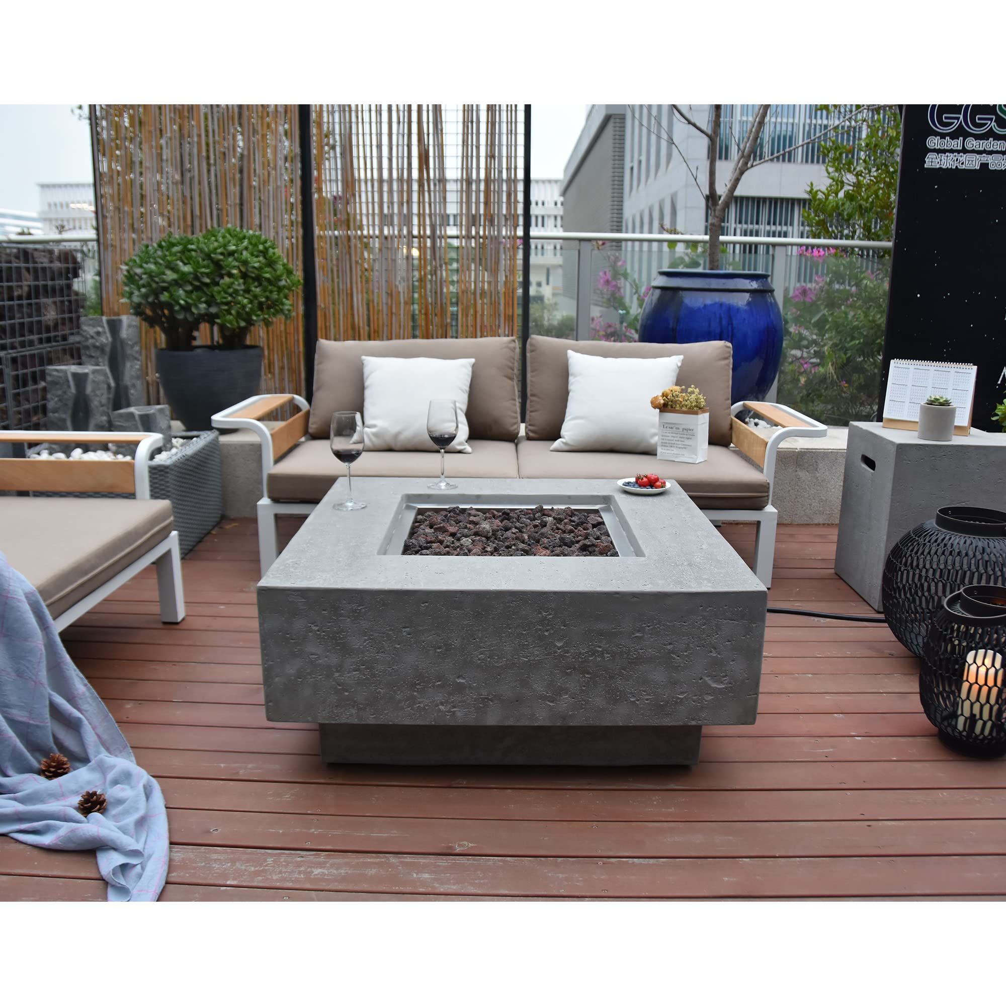 Elementi Manhattan Outdoor Gas Firepit Table 36 Inches Natural Gas Fire Pit Patio Heater Concrete High Floor Clearance Firepits Outside Electronic Ignition Backyard Fireplace Cover Lava Rock Included