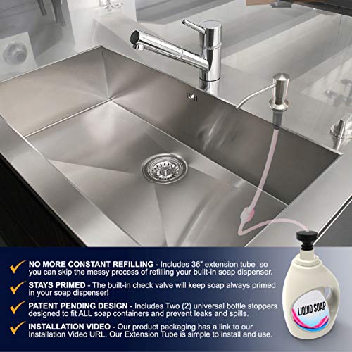 Sink Soap Dispenser Extension Tube (36”) with Check Valve (Maintains Prime) - Two Bottle Stoppers to Fit Most Soap Containers. No More Messy Refills. Provides a Lifetime of Convenience.