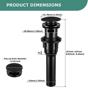 PARLOS Pop Up Drain Stopper with Overflow for Bathroom Sink Faucet Vessel Vanity, Matte Black, 20861