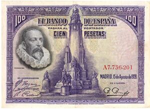 1928 es the don quixote banknote! 1 of spain's loveliest large banknotes! scarce so nice! 100 pesetas choice crisp au (looks uncirculated)