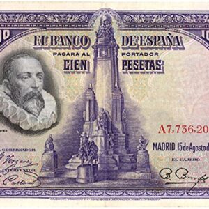 1928 ES THE DON QUIXOTE BANKNOTE! 1 OF SPAIN'S LOVELIEST LARGE BANKNOTES! SCARCE SO NICE! 100 PESETAS Choice Crisp AU (Looks Uncirculated)