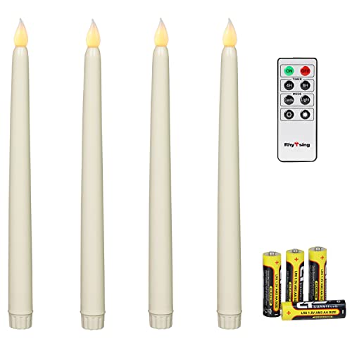 Rhytsing Ivory 10.8" Flameless Taper Candles with Timer, Battery Operated Dinner Long Candles with Remote, Smooth Wax Finish, Warm White LED, 8 Batteries Included - Set of 4