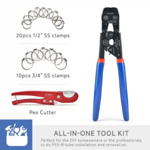 iCRIMP Ratchet PEX Cinch Tool with Removing function for 3/8 to 1-inch Stainless Steel Clamps with 20PCS 1/2-inch and 10PCS 3/4-inch PEX Clamps and Pipe Cutter- All in One