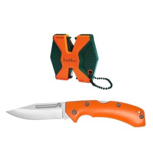 accusharp lockback knife and 2-step sharpener set - lockback folding pocket knife & pocket knife sharpener combo pack - stainless steel hunting knife for outdoor use, hunting, & fishing - orange