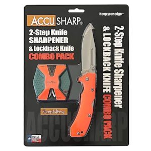 ACCUSHARP Lockback Knife and 2-Step Sharpener Set - Lockback Folding Pocket Knife & Pocket Knife Sharpener Combo Pack - Stainless Steel Hunting Knife for Outdoor Use, Hunting, & Fishing - Orange