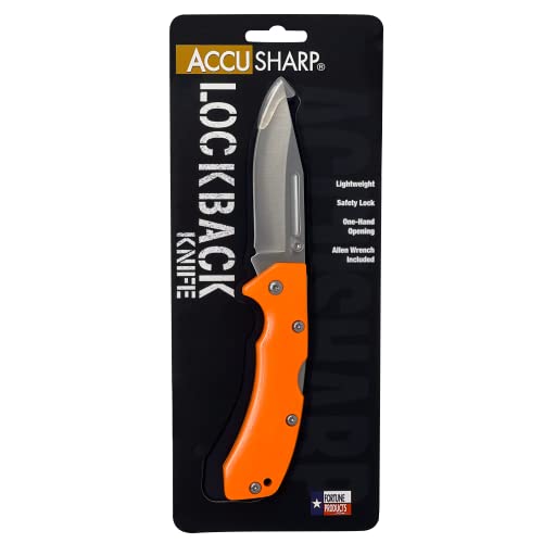 ACCUSHARP Folding Knife with Allen Wrench - Lockback Pocket Knife with Clip - Stainless Steel Sport Knife for Outdoor Use, Hunting, Fishing, & Camping - Orange