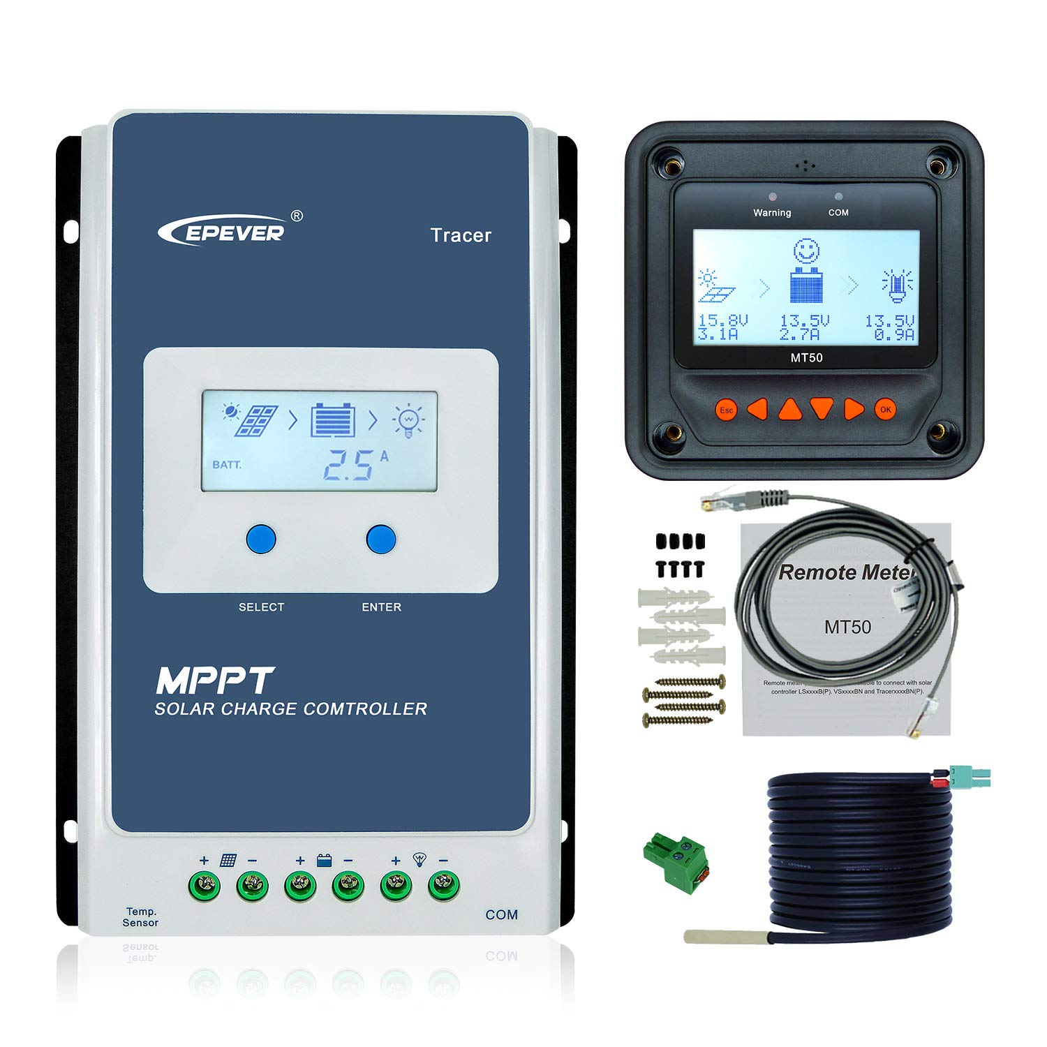 EPEVER MPPT Solar Charge Controller 40A 12V/24V Tracer4210AN + Remote Meter MT50 Monitor + RTS for Solar Panel Charge Controller Regulator with LCD Display (Tracer4210AN + MT50+RTS)