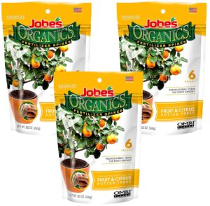 jobe’s organics fruit & citrus tree fertilizer spikes, 3-5-5 time release fertilizer for all container or indoor fruit trees, 6 spikes per package (3)