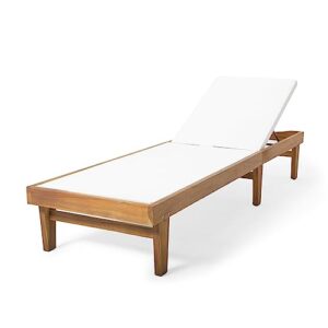 christopher knight home summerland outdoor mesh chaise lounge with acacia wood frame, teak finish / white mesh
