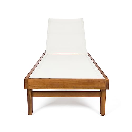 Christopher Knight Home Summerland Outdoor Mesh Chaise Lounge with Acacia Wood Frame, Teak Finish / White Mesh