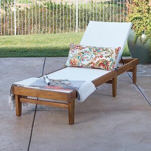 Christopher Knight Home Summerland Outdoor Mesh Chaise Lounge with Acacia Wood Frame, Teak Finish / White Mesh