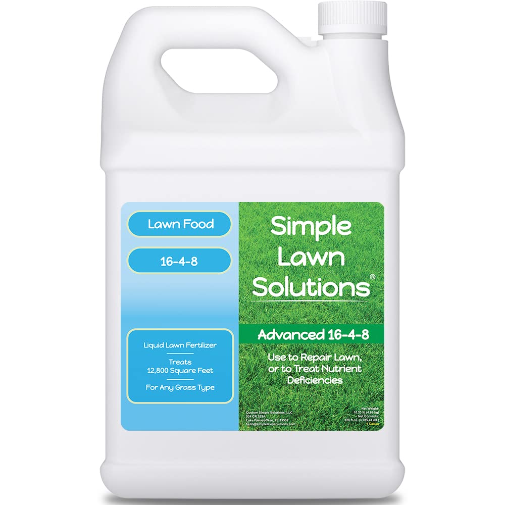 Advanced 16-4-8 Lawn Fertilizer - Liquid Lawn Food Spring & Summer Concentrated Spray - Any Grass Type- Fish and Seaweed Kelp- Balanced NPK - Simple Lawn Solutions (1 Gallon)