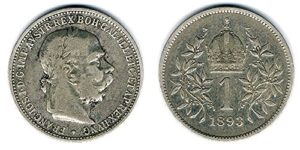 1899 hu rare oriiginal austro-hungarian empire silver corona (korona krone) franz josef w laurel crown! 1 corona (korona) (krone) f-vf