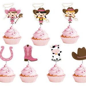 Cowgirl Cupcake Toppers 12 pcs - Pink Western Cake Picks Birthday Decoration Party Supplies, Girl Baby Shower Themed