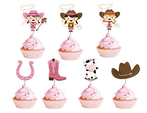 Cowgirl Cupcake Toppers 12 pcs - Pink Western Cake Picks Birthday Decoration Party Supplies, Girl Baby Shower Themed