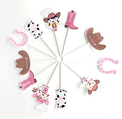 Cowgirl Cupcake Toppers 12 pcs - Pink Western Cake Picks Birthday Decoration Party Supplies, Girl Baby Shower Themed