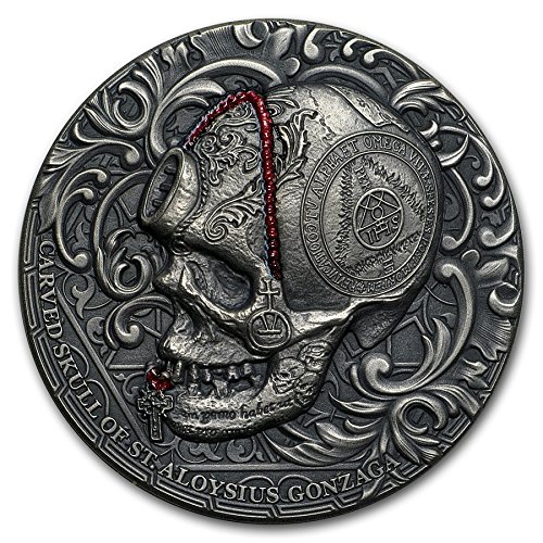 2018 CM CARVED SKULL OF ST.ALOYSIUS GONZAGA High Relief Silver Coin Antiqued 1 OZ Superb Gem Uncirculated