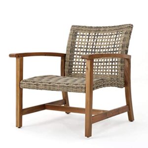 Christopher Knight Home Hampton Outdoor Mid-Century Wicker Club Chairs with Acacia Wood Frame, 2-Pcs Set, Natural Stained / Grey