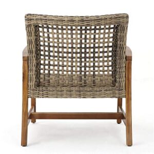 Christopher Knight Home Hampton Outdoor Mid-Century Wicker Club Chairs with Acacia Wood Frame, 2-Pcs Set, Natural Stained / Grey