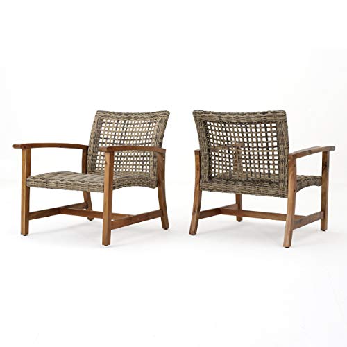 Christopher Knight Home Hampton Outdoor Mid-Century Wicker Club Chairs with Acacia Wood Frame, 2-Pcs Set, Natural Stained / Grey