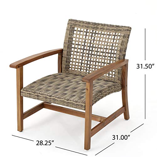 Christopher Knight Home Hampton Outdoor Mid-Century Wicker Club Chairs with Acacia Wood Frame, 2-Pcs Set, Natural Stained / Grey