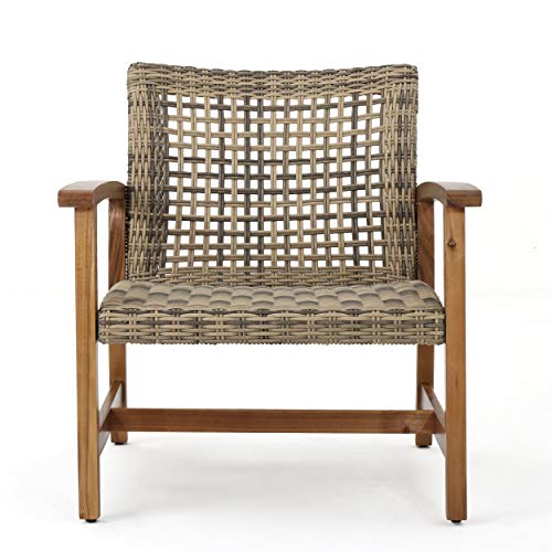 Christopher Knight Home Hampton Outdoor Mid-Century Wicker Club Chairs with Acacia Wood Frame, 2-Pcs Set, Natural Stained / Grey