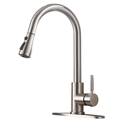 VESLA HOME High Arc Single Handle Brushed Nickel Kitchen Faucet with Pull Down Sprayer,Single Lever Stainless Steel Kitchen Sink Faucets,Commercial Modern Pullout Faucet for Kitchen Sink