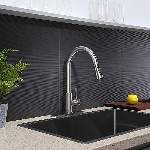 VESLA HOME High Arc Single Handle Brushed Nickel Kitchen Faucet with Pull Down Sprayer,Single Lever Stainless Steel Kitchen Sink Faucets,Commercial Modern Pullout Faucet for Kitchen Sink
