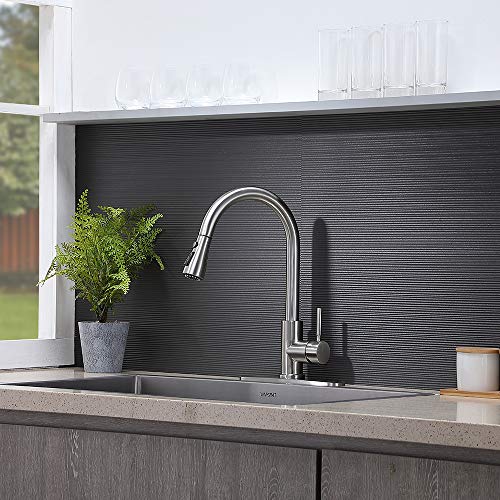 VESLA HOME High Arc Single Handle Brushed Nickel Kitchen Faucet with Pull Down Sprayer,Single Lever Stainless Steel Kitchen Sink Faucets,Commercial Modern Pullout Faucet for Kitchen Sink