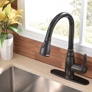 SHACO Antique Single Handle Pull Down Sprayer Oil Rubbed Bronze Kitchen Faucet, Farmhouse Kitchen Faucet Bronze with Deck Plate, Copper Kitchen Faucets for Sink 3 Hole or Single Hole