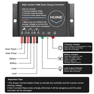 HUINE 20A 12V 24V Auto IP68 Waterproof PWM Solar Charge Controller Solar Panel Battery Intelligent Regulator for Solar System Caravan Boat(24 Hours Working Mode)