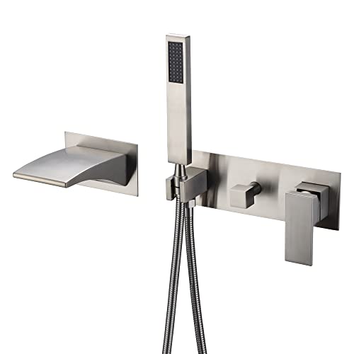 sumerain Wall Mount Tub Filler Brushed Nickel with Waterfall Tub Spout and Handheld Shower, High Flow