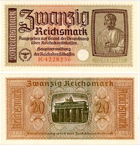 1941 the supreme ww2 nazi banknote! the master builder, brandenburg gate, 2 swatikas! rare so crisp!e 29 riechsmarks seller gem crisp au-cu