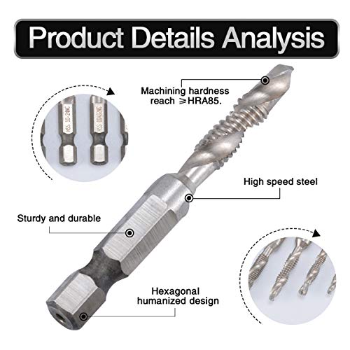 HOHXEN 6Pcs Drill Tap Combination Bit Set HSS Deburr Countersink Bit 1/4 Hex Shank Tool Kit