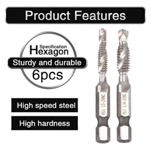 HOHXEN 6Pcs Drill Tap Combination Bit Set HSS Deburr Countersink Bit 1/4 Hex Shank Tool Kit
