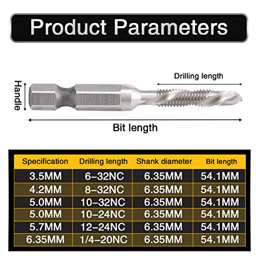 HOHXEN 6Pcs Drill Tap Combination Bit Set HSS Deburr Countersink Bit 1/4 Hex Shank Tool Kit