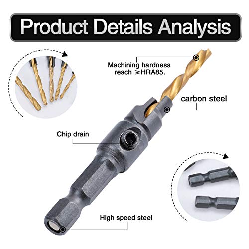 HOHXEN Titanium Coated Counter Bit Set Power Hand Drill Bit Tools Set Screw Hole Size Countersink Drill Bit Set with 1/4 Hex Shank Sets Countersink Drill Bits -5pcs