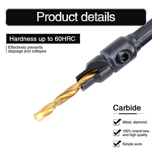 HOHXEN Titanium Coated Counter Bit Set Power Hand Drill Bit Tools Set Screw Hole Size Countersink Drill Bit Set with 1/4 Hex Shank Sets Countersink Drill Bits -5pcs