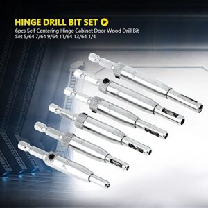 6pcs Hinge Drill Bit,Self Centering Hinge Cabinet Door Wood Drill Bit Set 5/64 7/64 9/64 11/64 13/64 1/4